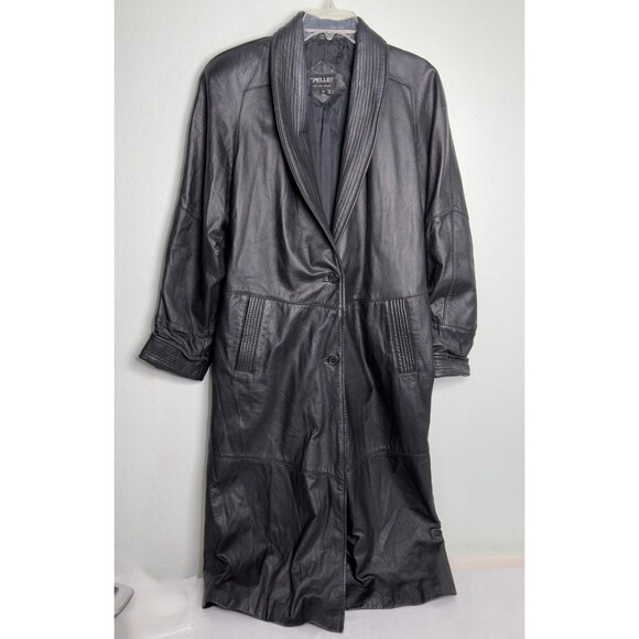 Vintage Pelle Women’s Sz. Medium Shoulder Pads black leather long trench coat